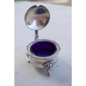 Vintage Silver Plated Mustard Pot with Cobalt Blue Glass Insert and Lion Head Cl